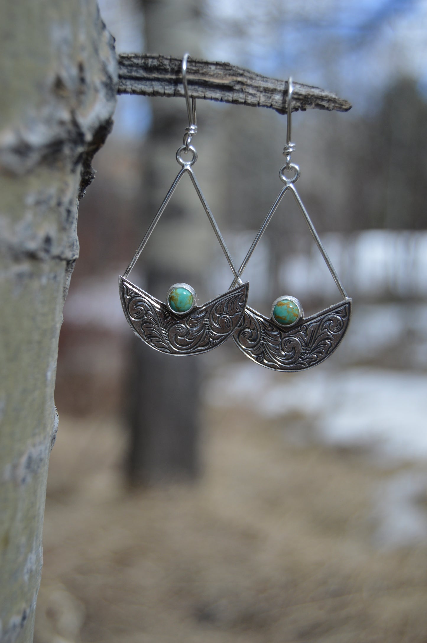 Tyrone Turquoise Engraved Fan Earrings