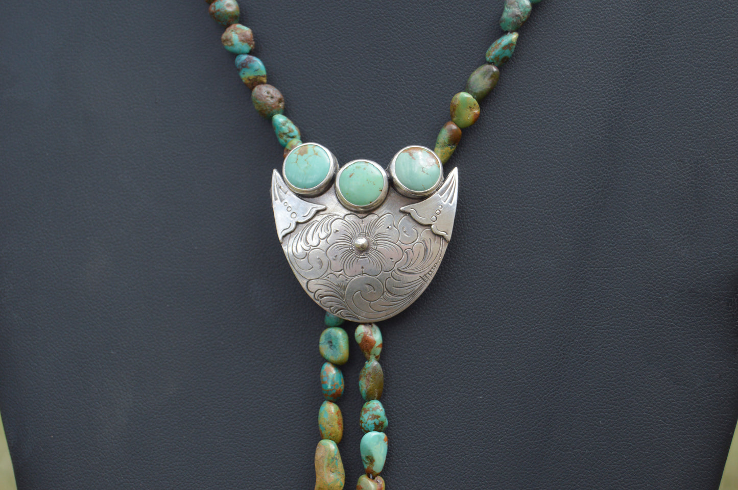 Hand Engraved Turquoise Bolo Necklace