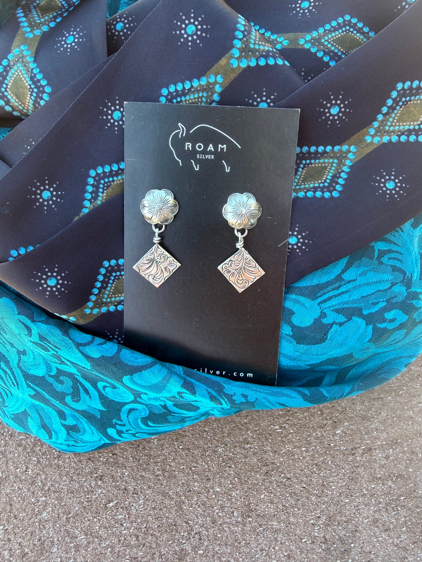 Sterling Silver Hand Engraved Flower Dangles