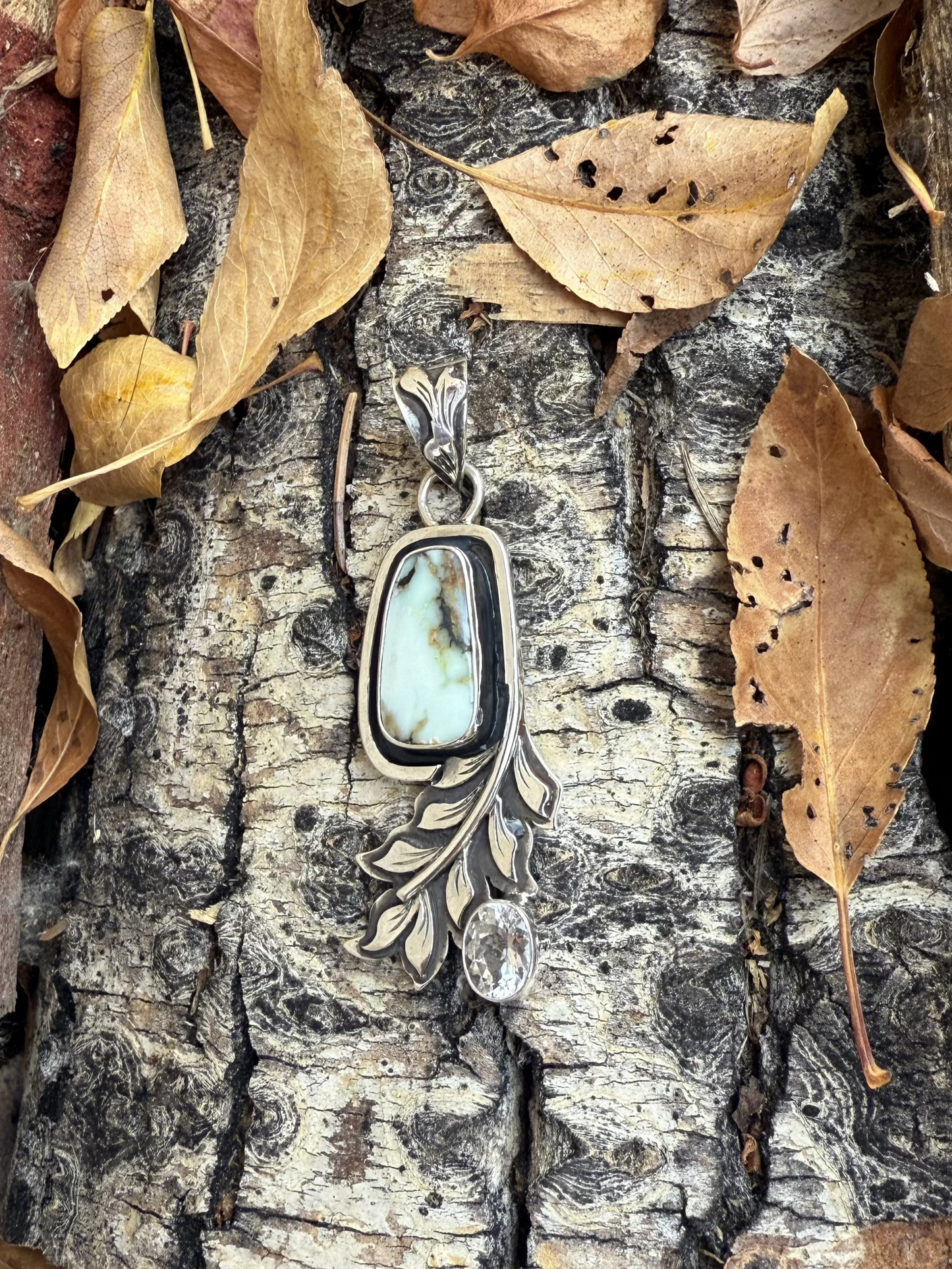 Aloe Variscite Sterling Leaf Pendant with Cubic Zirconia