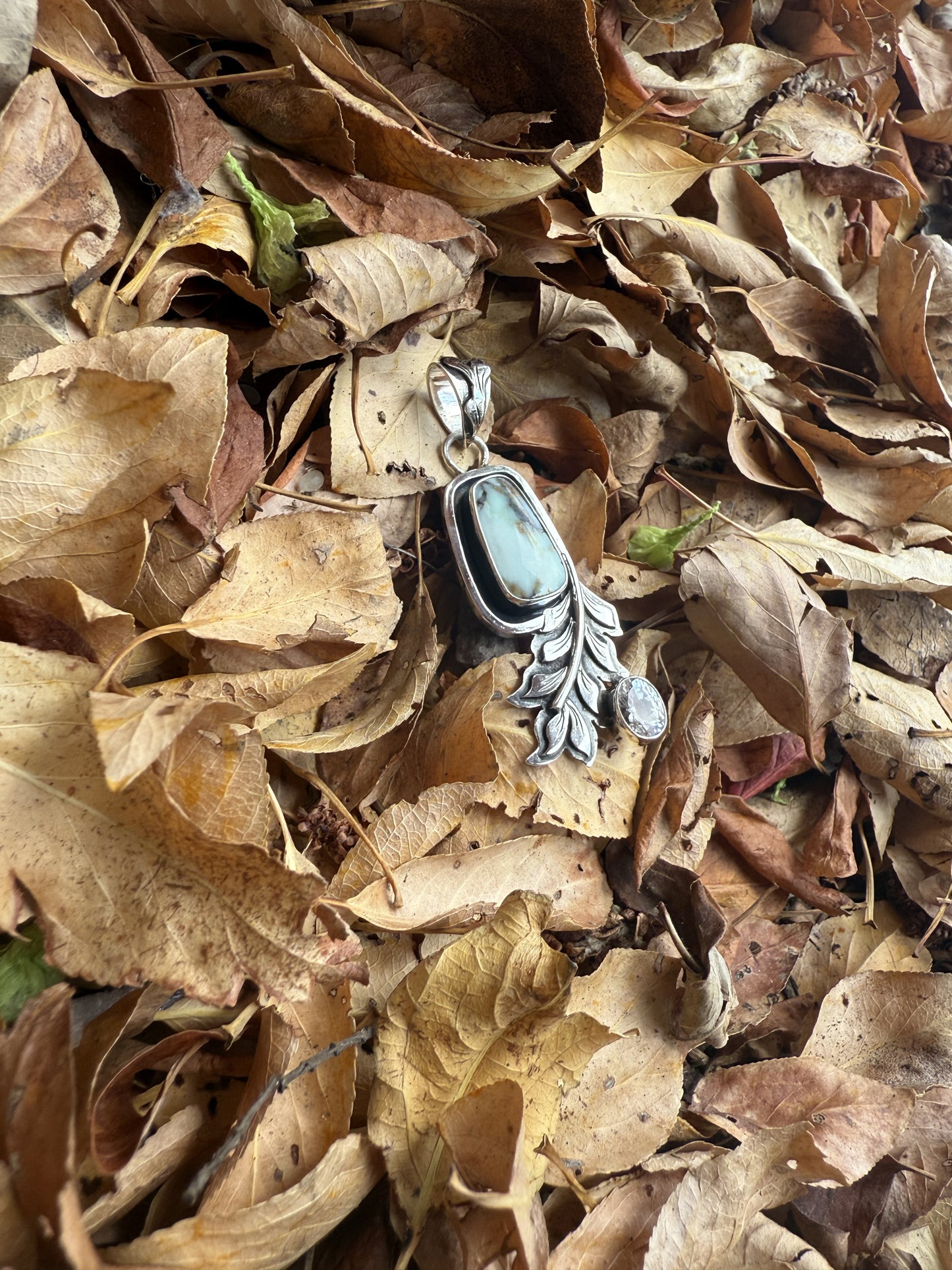 Aloe Variscite Sterling Leaf Pendant with Cubic Zirconia