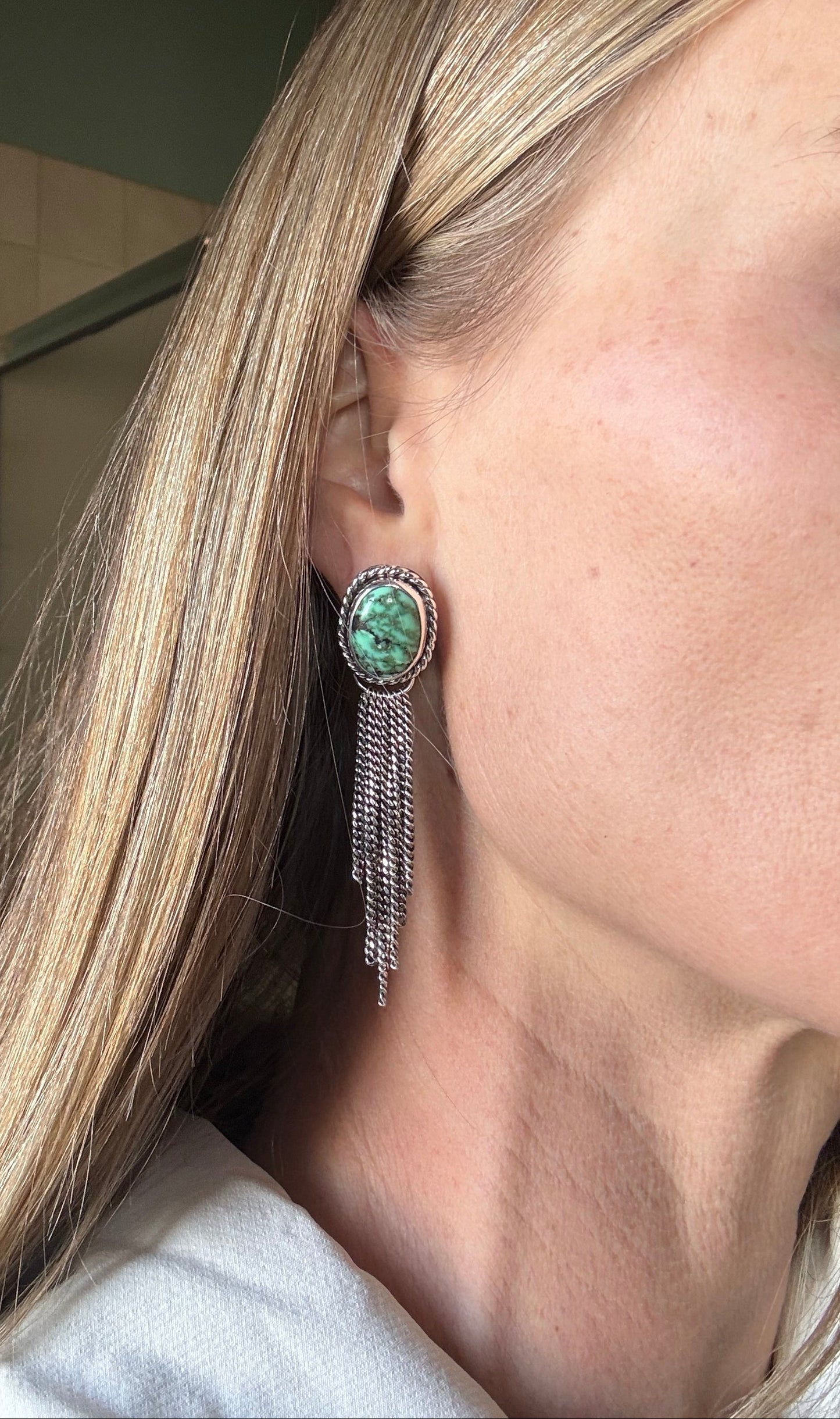 New Lander Variscite & Sterling Silver Chain Waterfall Earrings