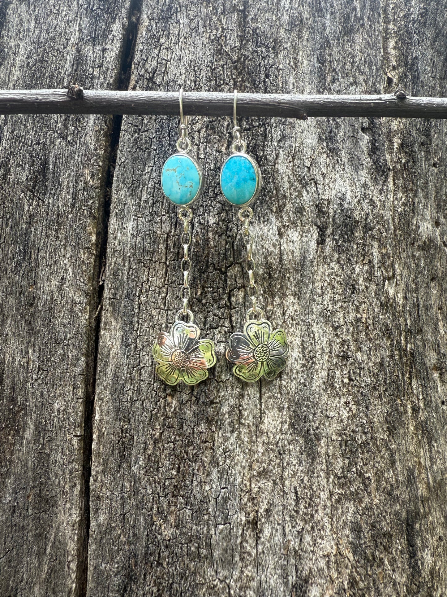 Natural Kingman Turquoise & Sterling Silver Engraved Flower Earrings
