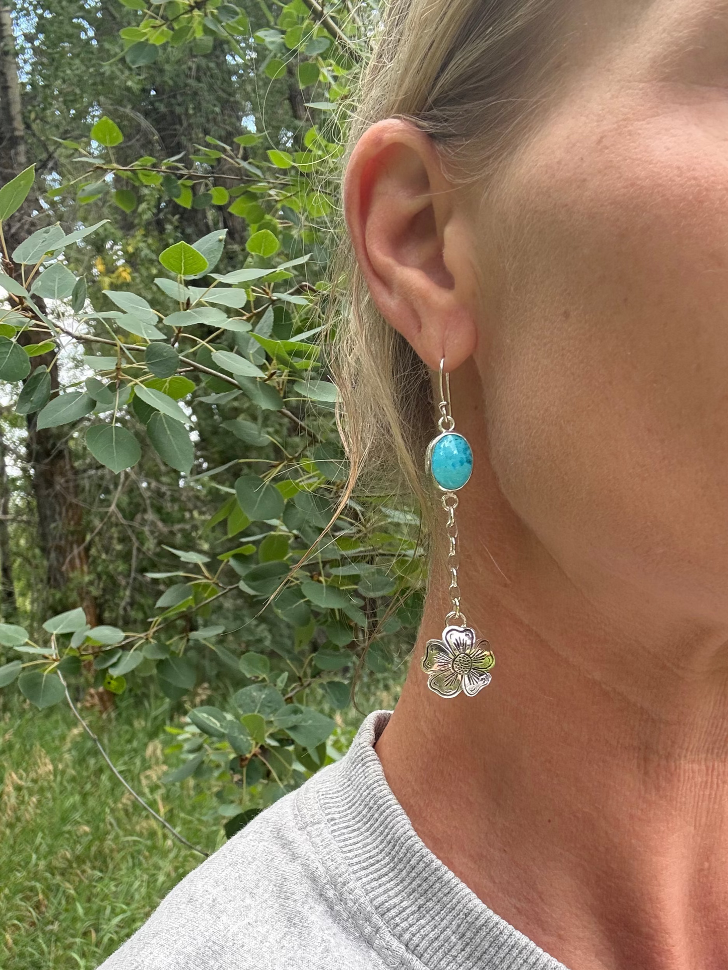 Natural Kingman Turquoise & Sterling Silver Engraved Flower Earrings