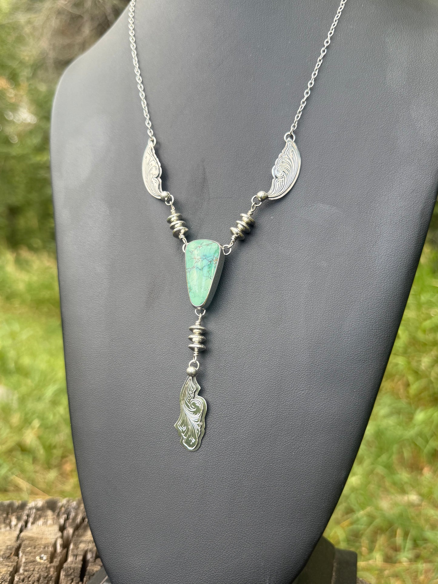 Candelaria Hills Variscite Engraved Silver Drop Necklace