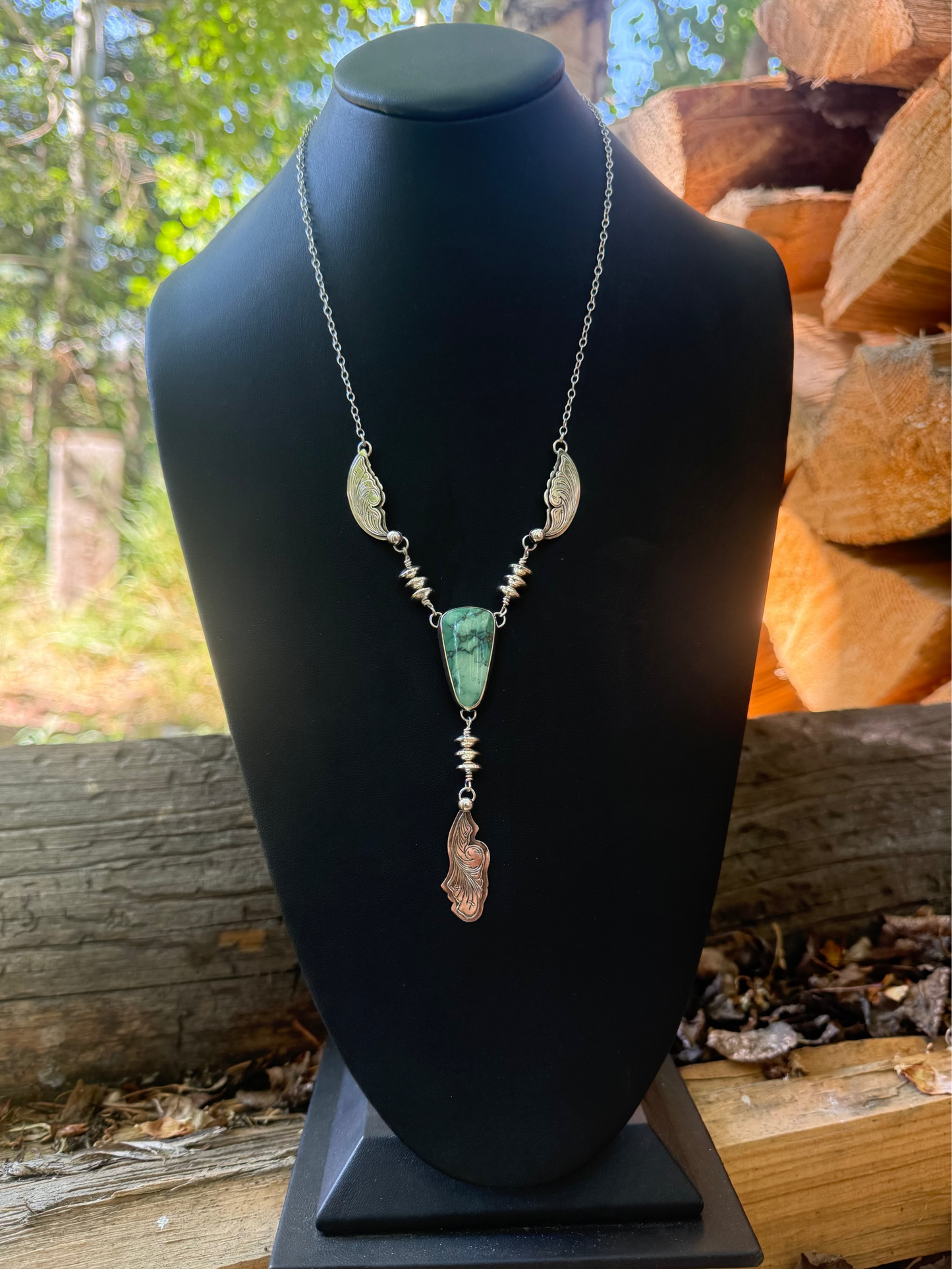 Candelaria Hills Variscite Engraved Silver Drop Necklace
