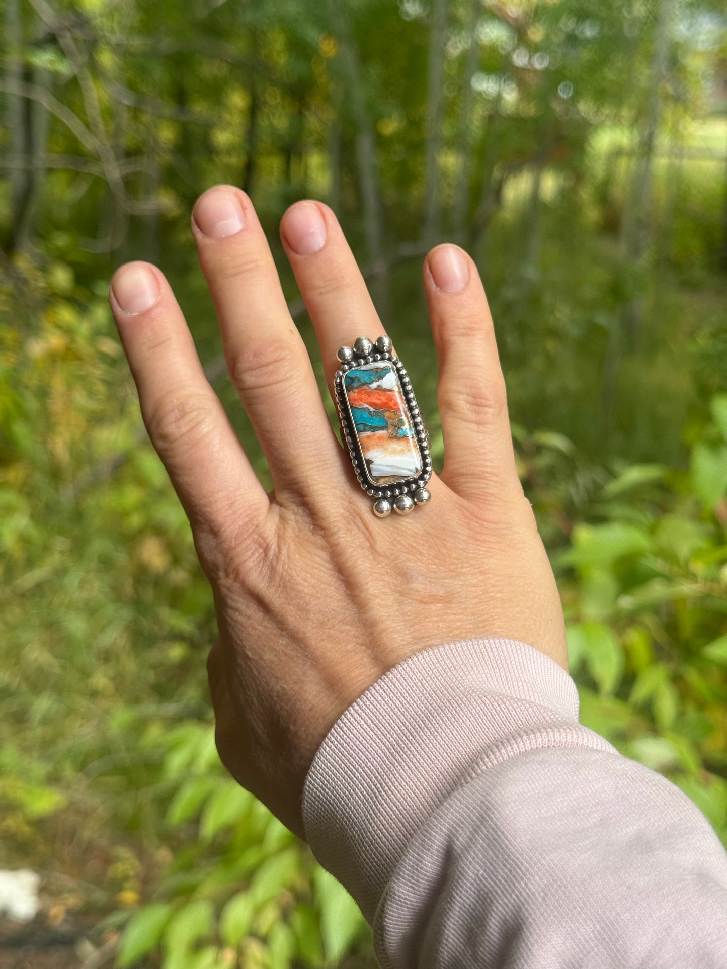 Sterling Silver, Turquoise & Spiny Oyster Engraved Ring
