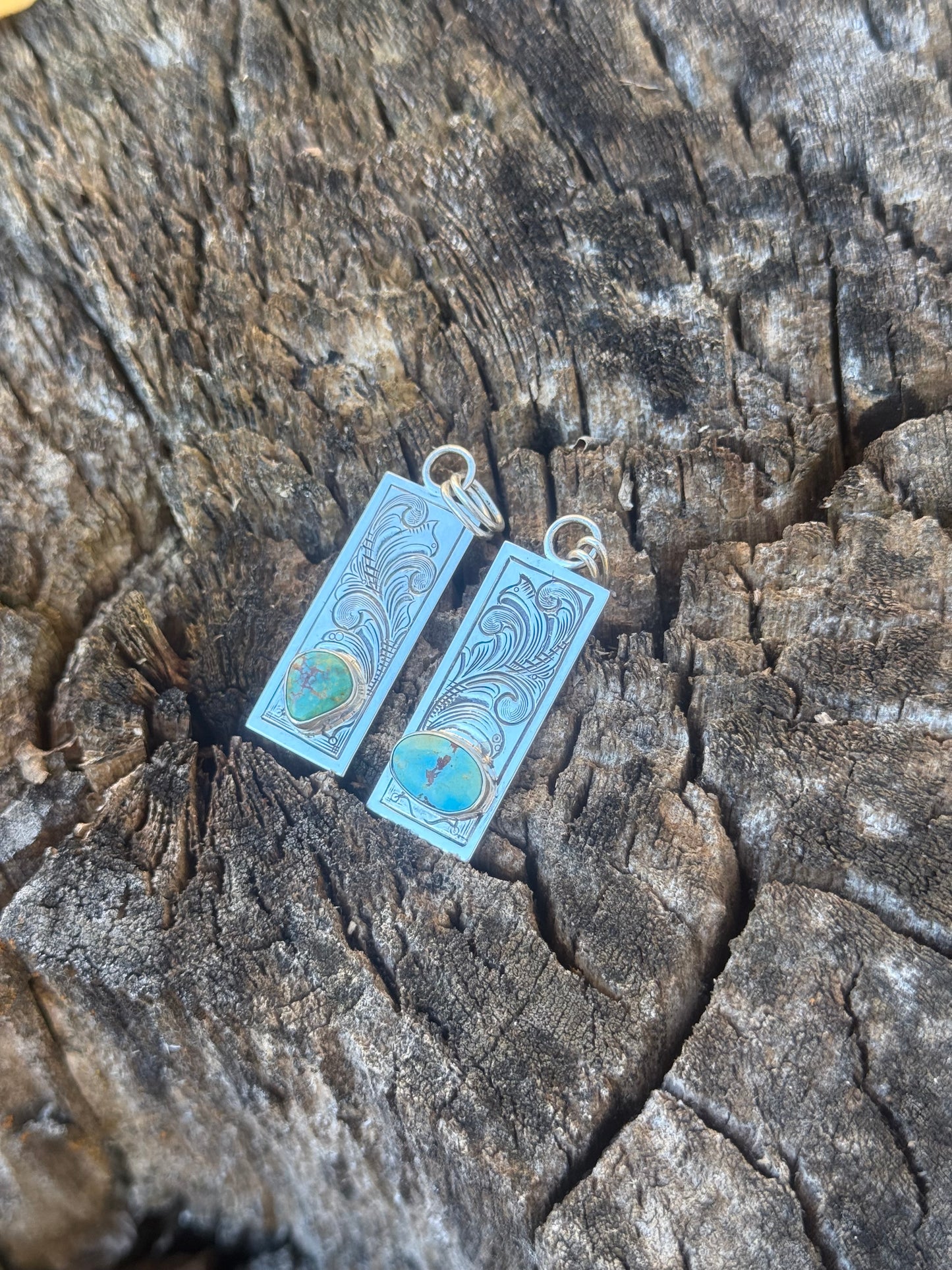 Engraved Sterling Silver & Turquoise Rectangular Pendants