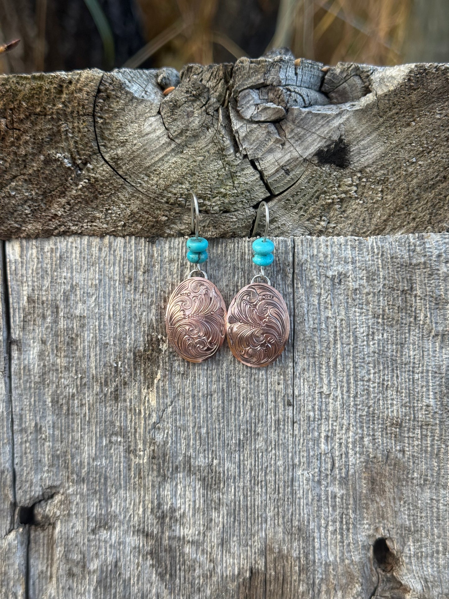 Copper & Turquoise Engraved Earrings
