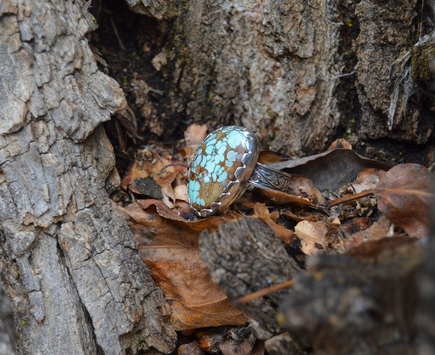 Adjustable Turquoise Ring with Engraved Band