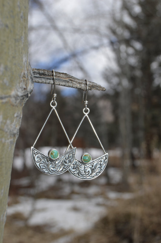 Tyrone Turquoise Engraved Fan Earrings