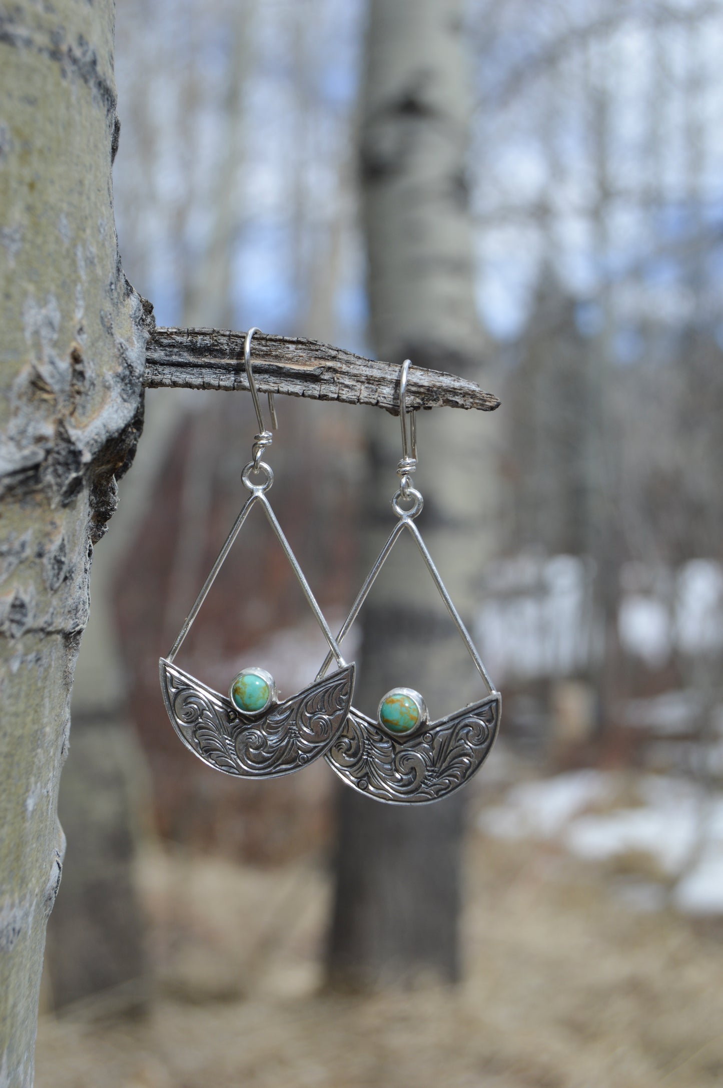 Tyrone Turquoise Engraved Fan Earrings