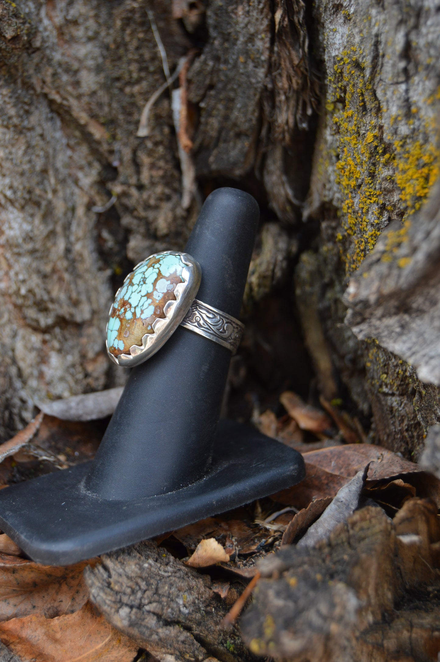 Adjustable Turquoise Ring with Engraved Band