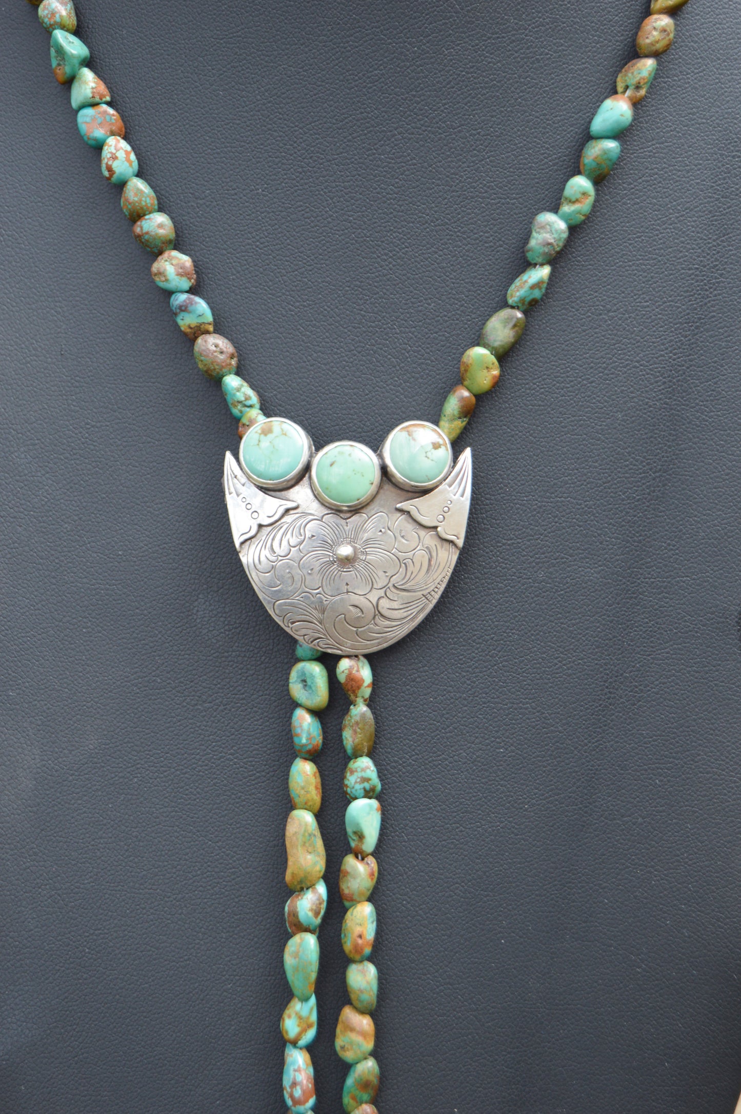 Hand Engraved Turquoise Bolo Necklace