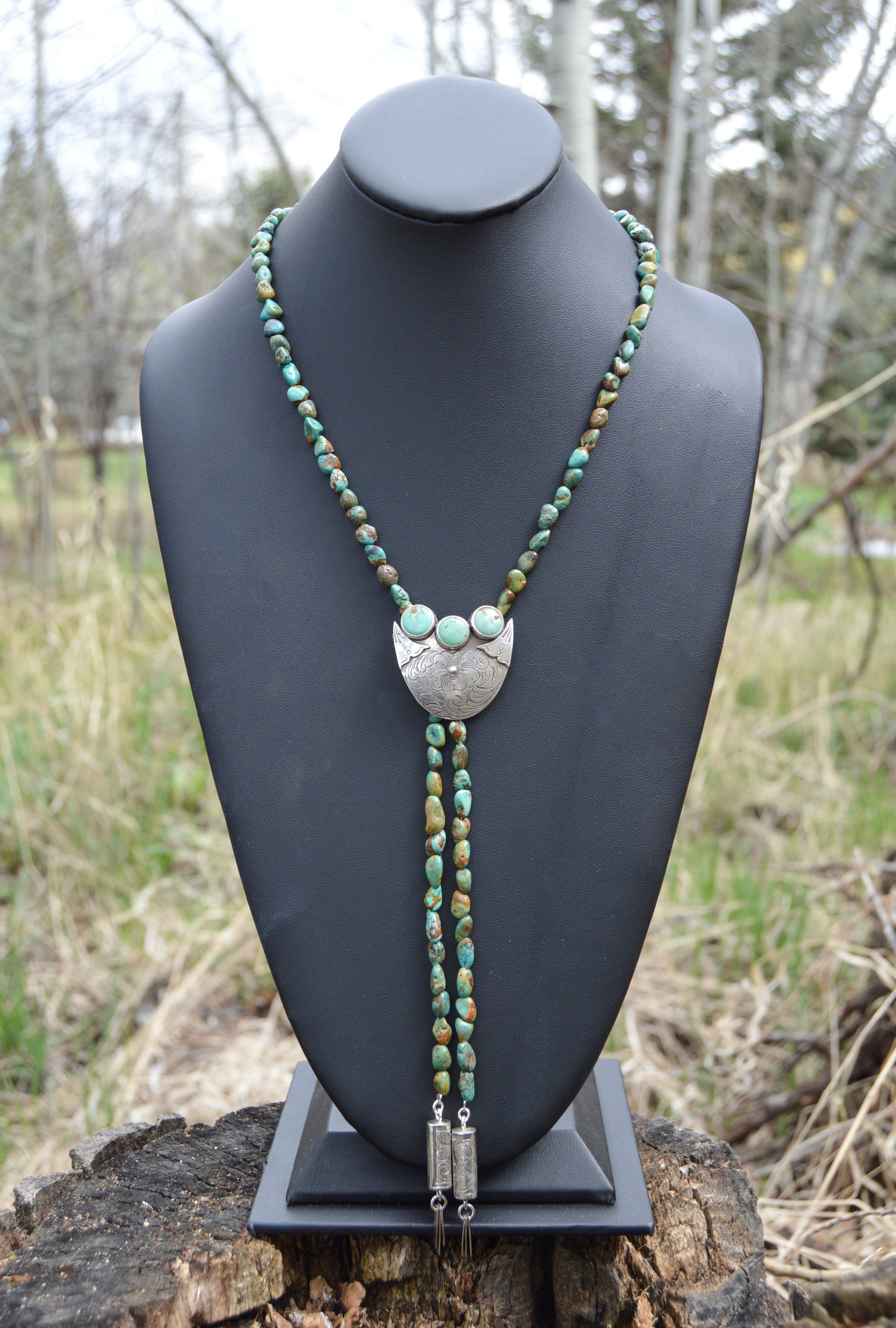 Hand Engraved Turquoise Bolo Necklace