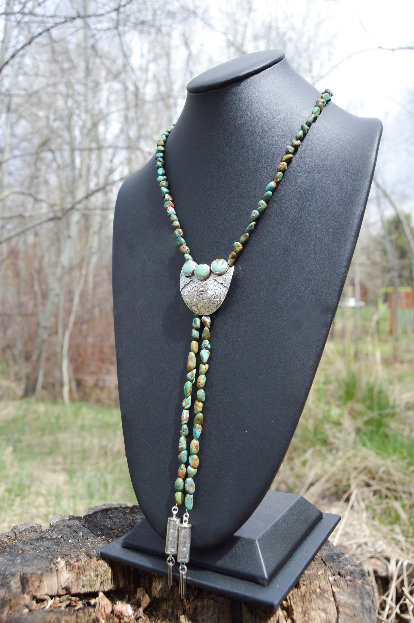 Hand Engraved Turquoise Bolo Necklace