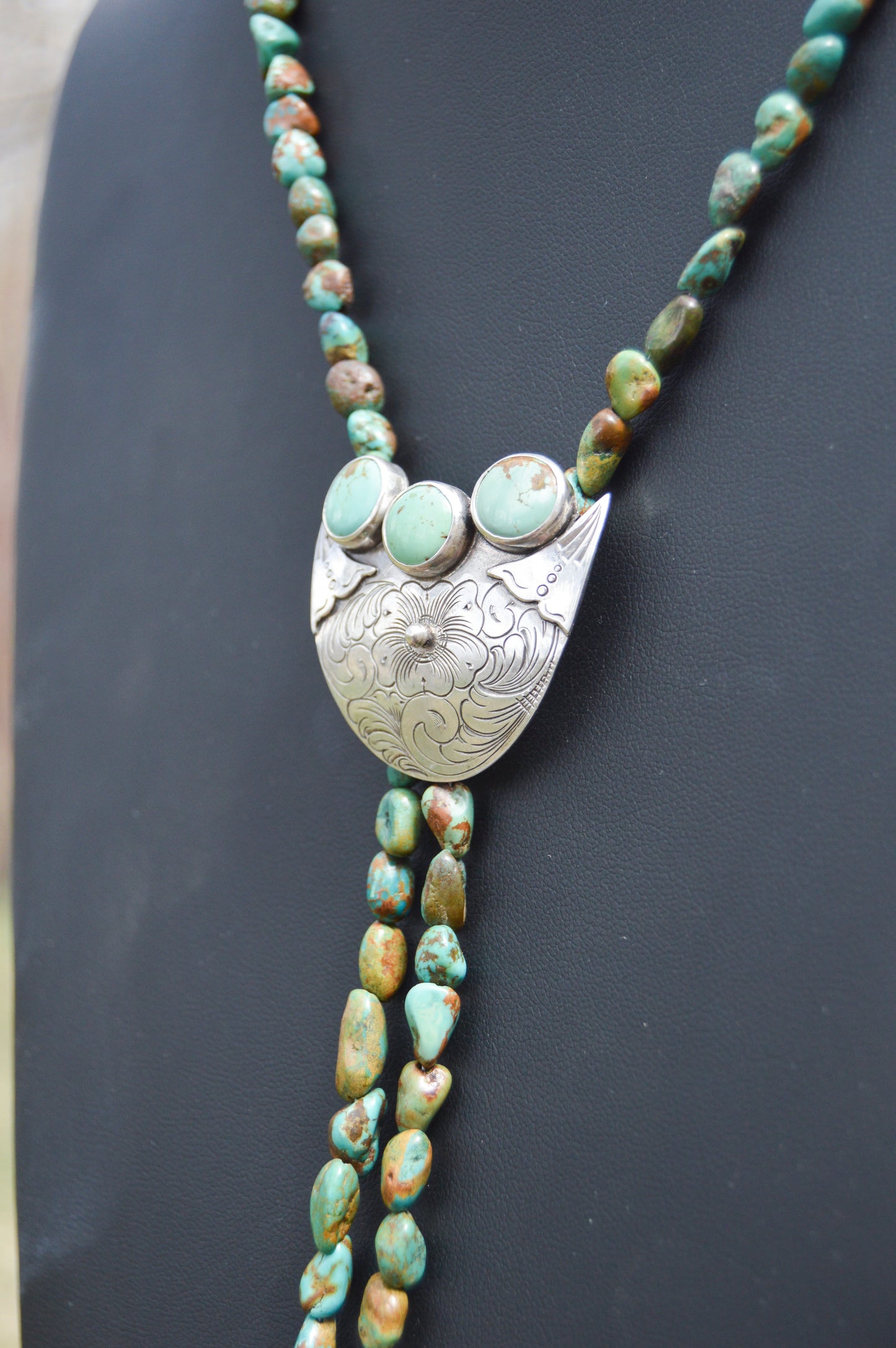 Hand Engraved Turquoise Bolo Necklace