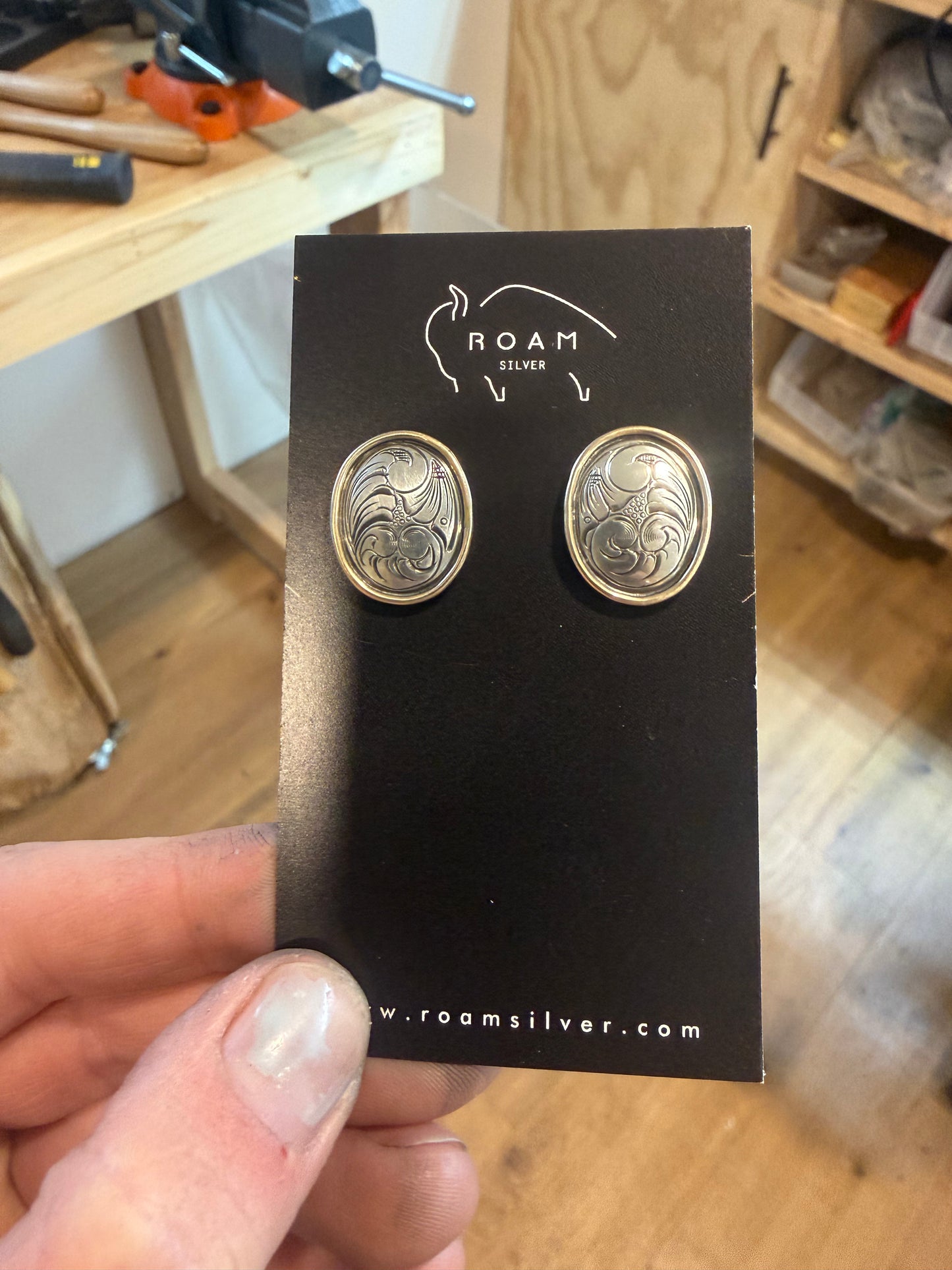Gold & Silver Engraved Oval Earrings