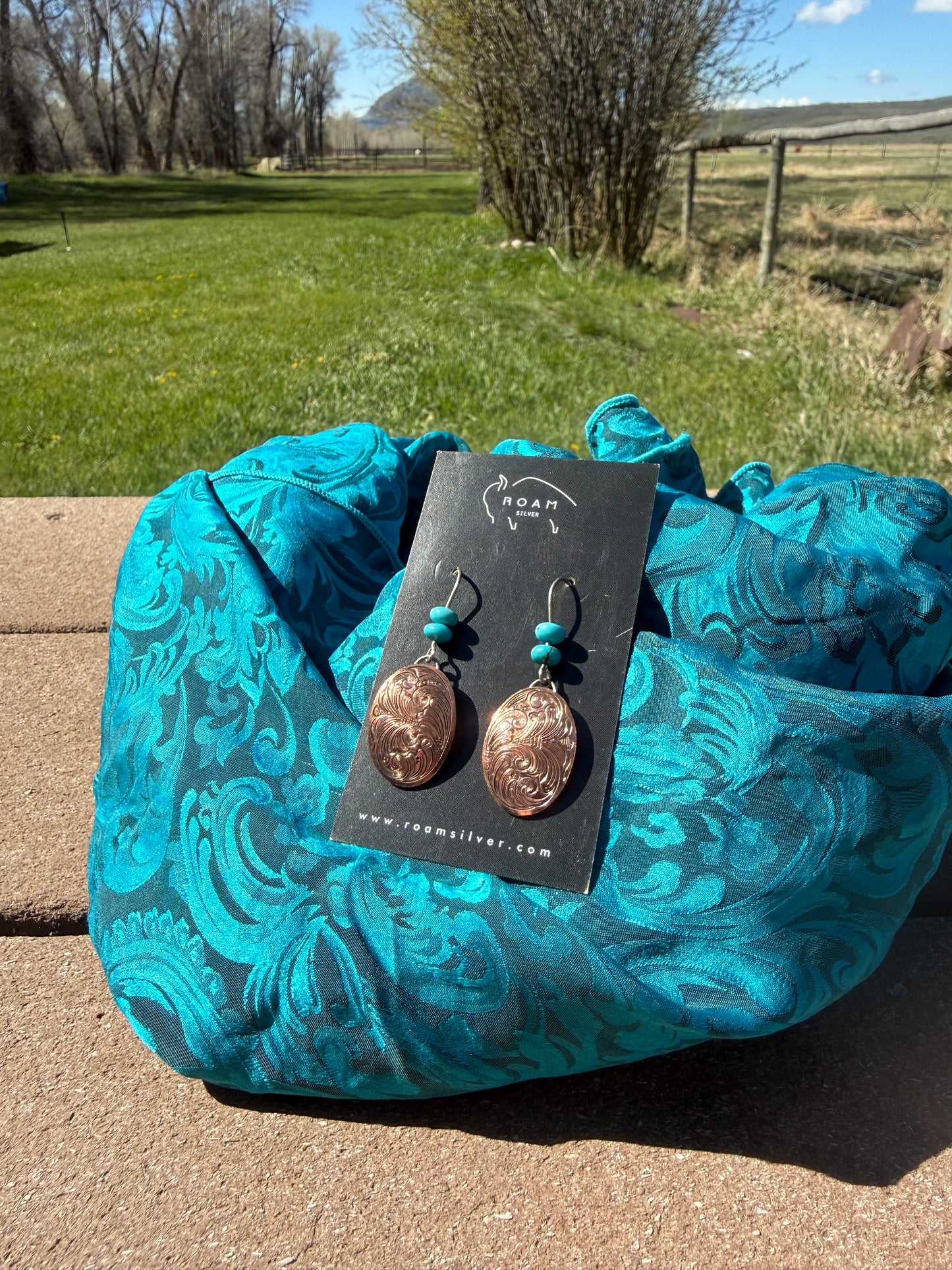 Copper & Turquoise Engraved Earrings
