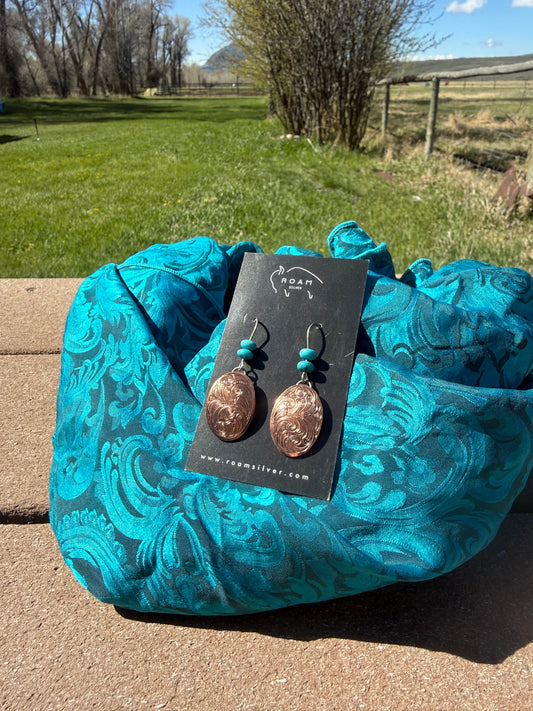 Copper & Turquoise Engraved Earrings