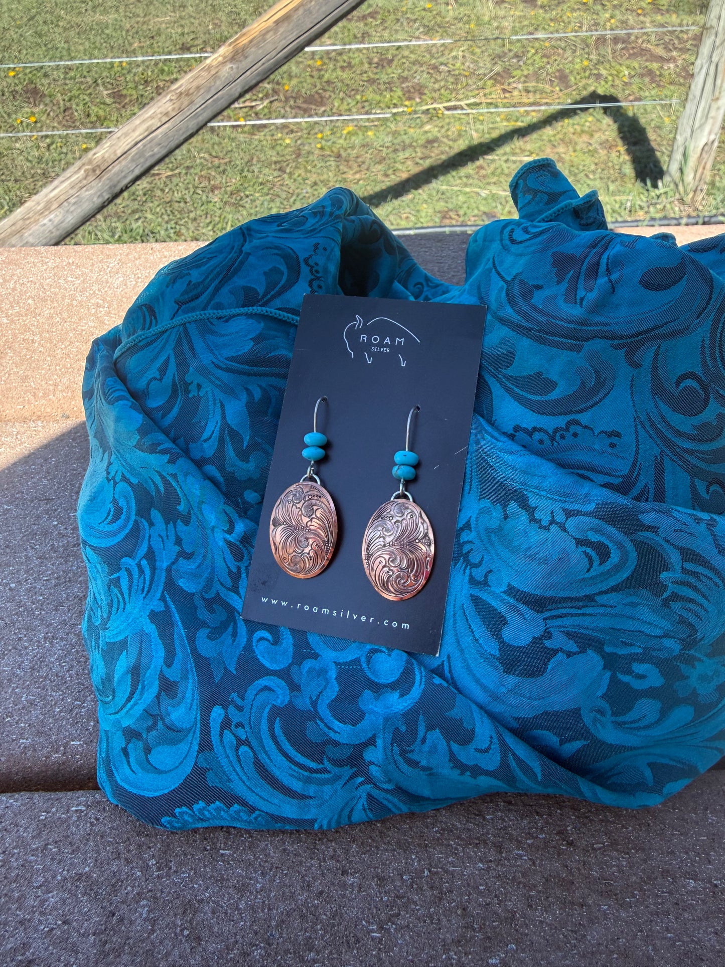 Copper & Turquoise Engraved Earrings