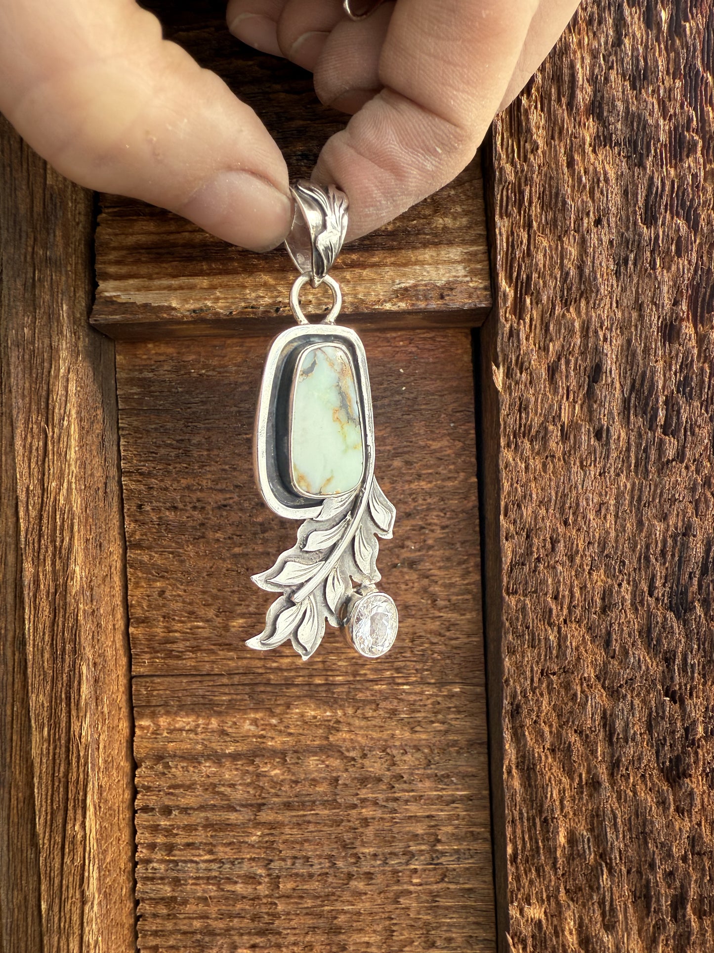 Aloe Variscite Sterling Leaf Pendant with Cubic Zirconia