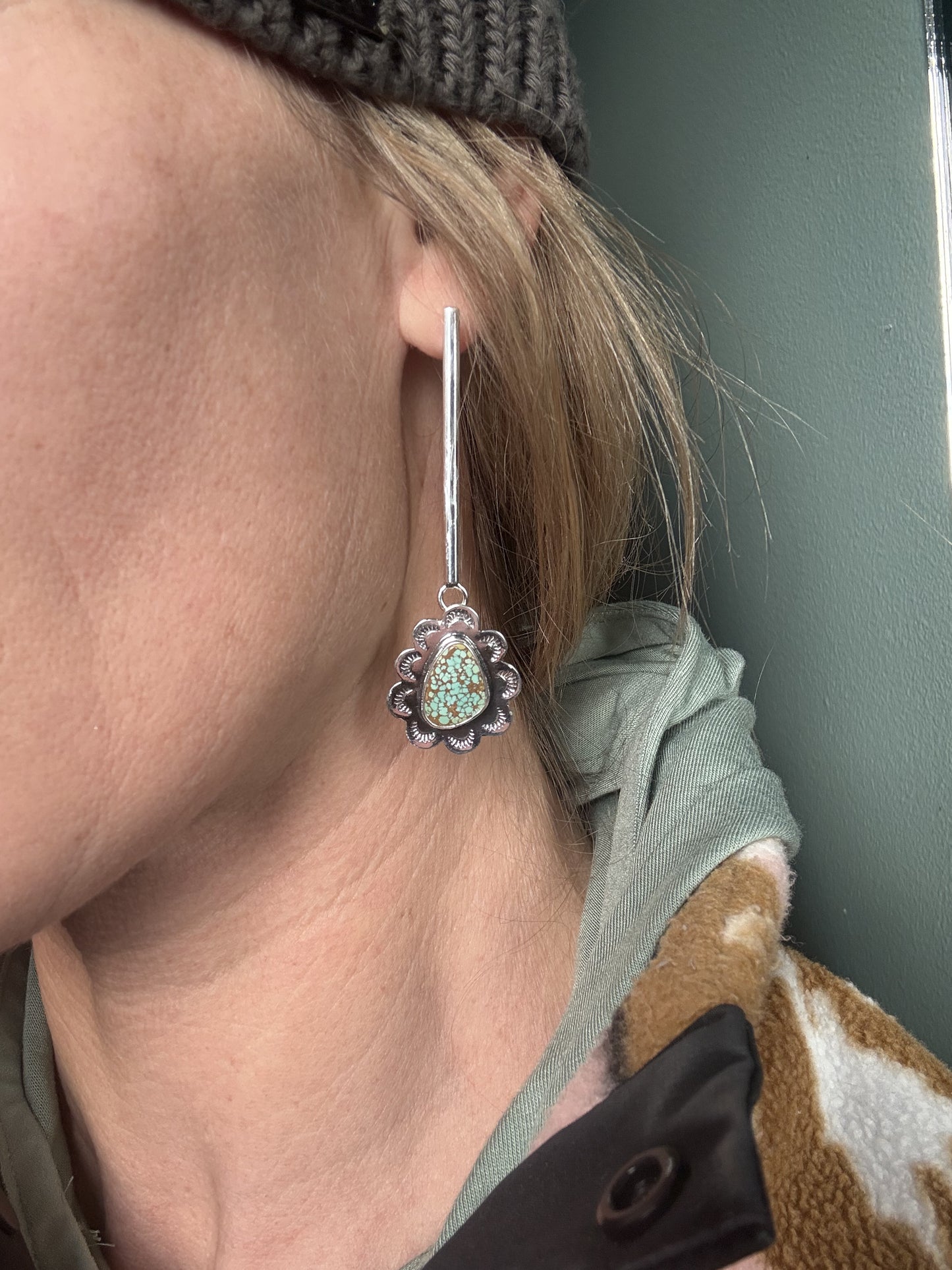 Hubei Turquoise Silver Stamped Drop Earring - Convertible