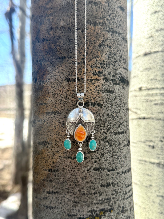 Spiny Oyster & Sonoran Gem Sun Shield Necklace