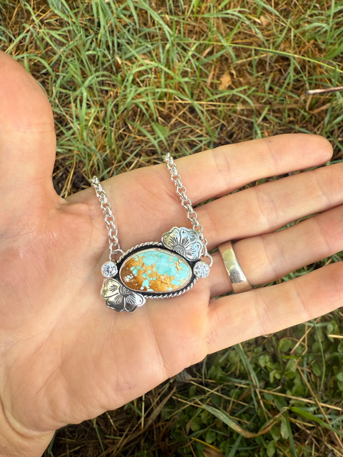 Royston Turquoise & CZ Flower Necklace