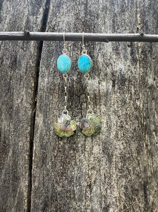 Natural Kingman Turquoise & Sterling Silver Engraved Flower Earrings