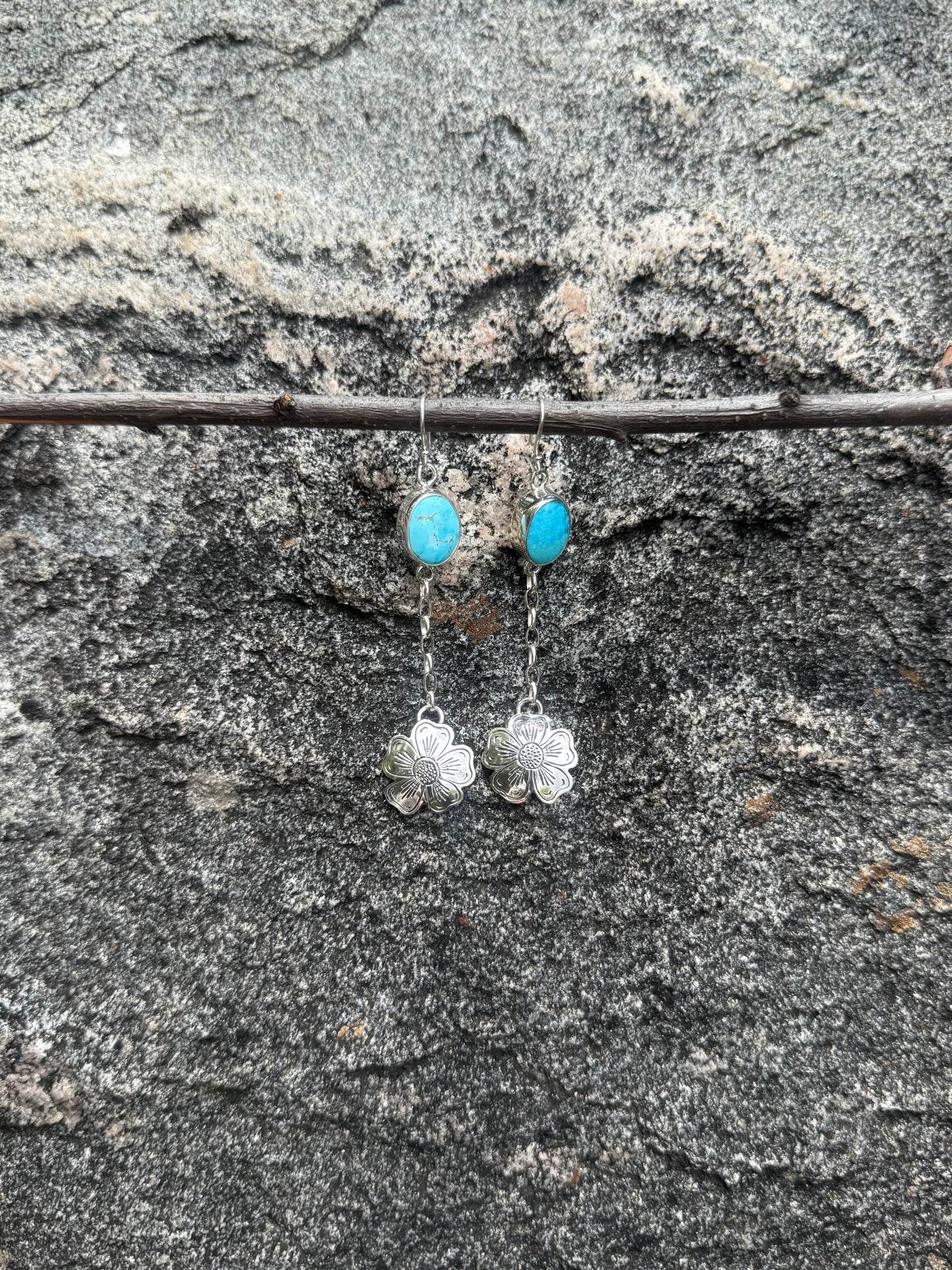 Natural Kingman Turquoise & Sterling Silver Engraved Flower Earrings
