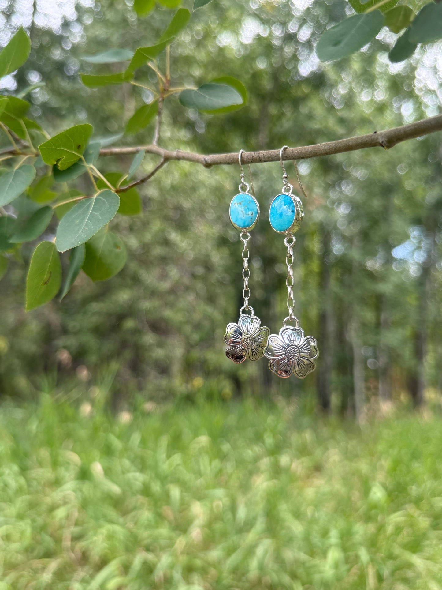 Natural Kingman Turquoise & Sterling Silver Engraved Flower Earrings
