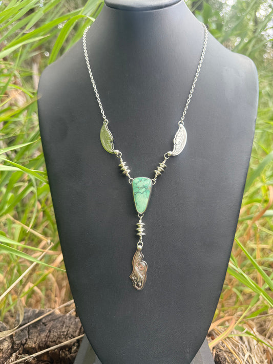 Candelaria Hills Variscite Engraved Silver Drop Necklace