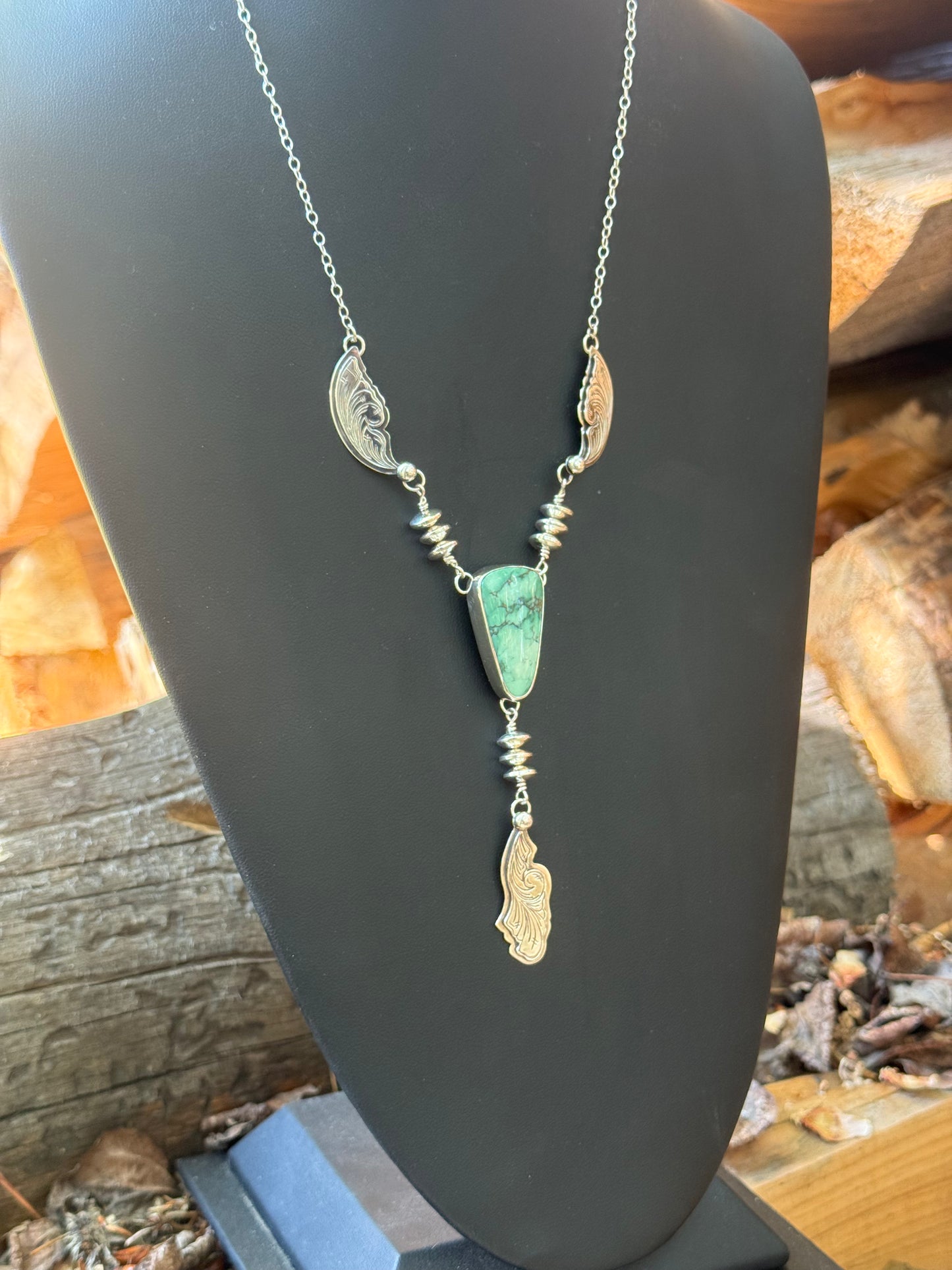 Candelaria Hills Variscite Engraved Silver Drop Necklace
