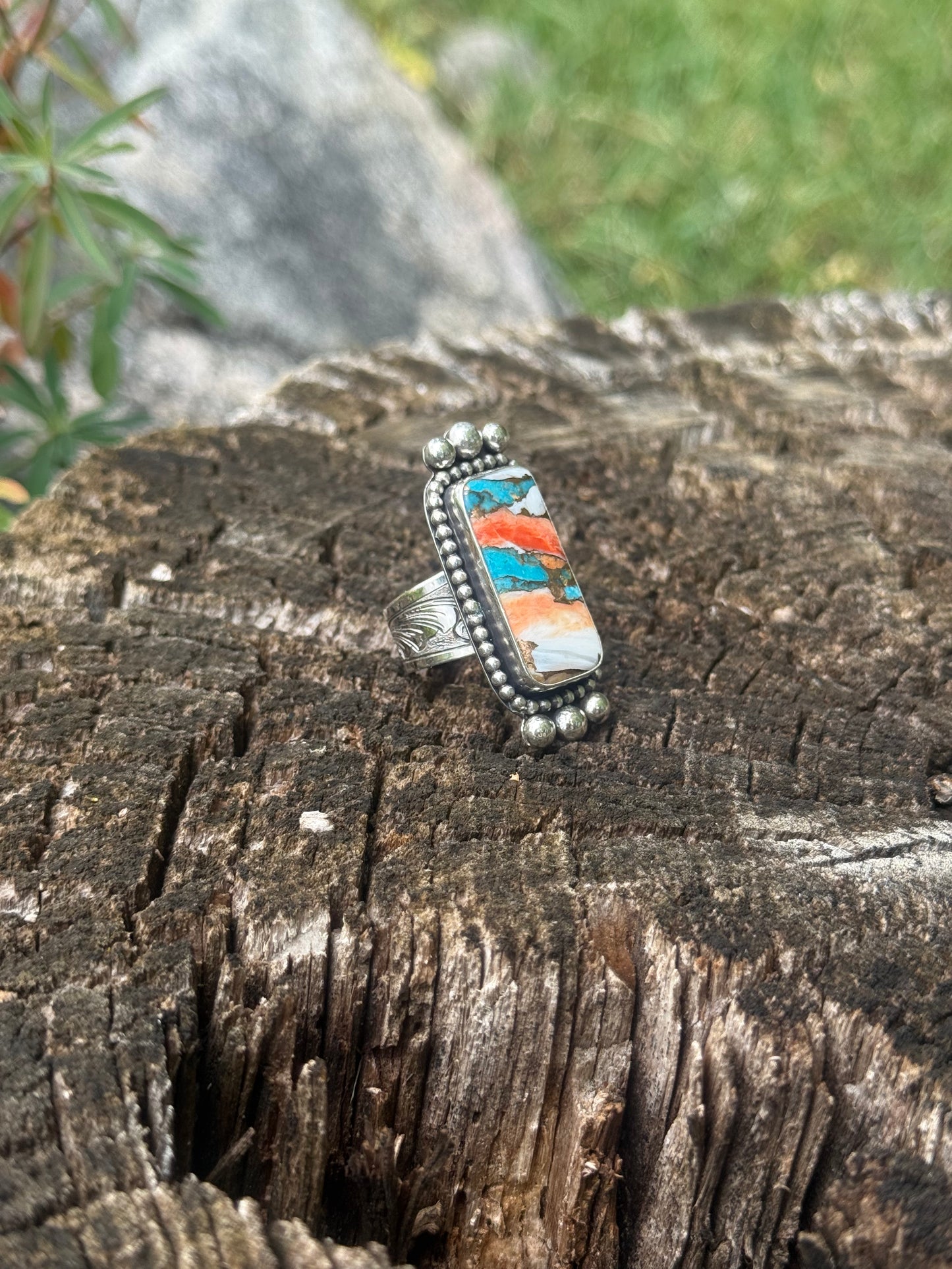 Sterling Silver, Turquoise & Spiny Oyster Engraved Ring