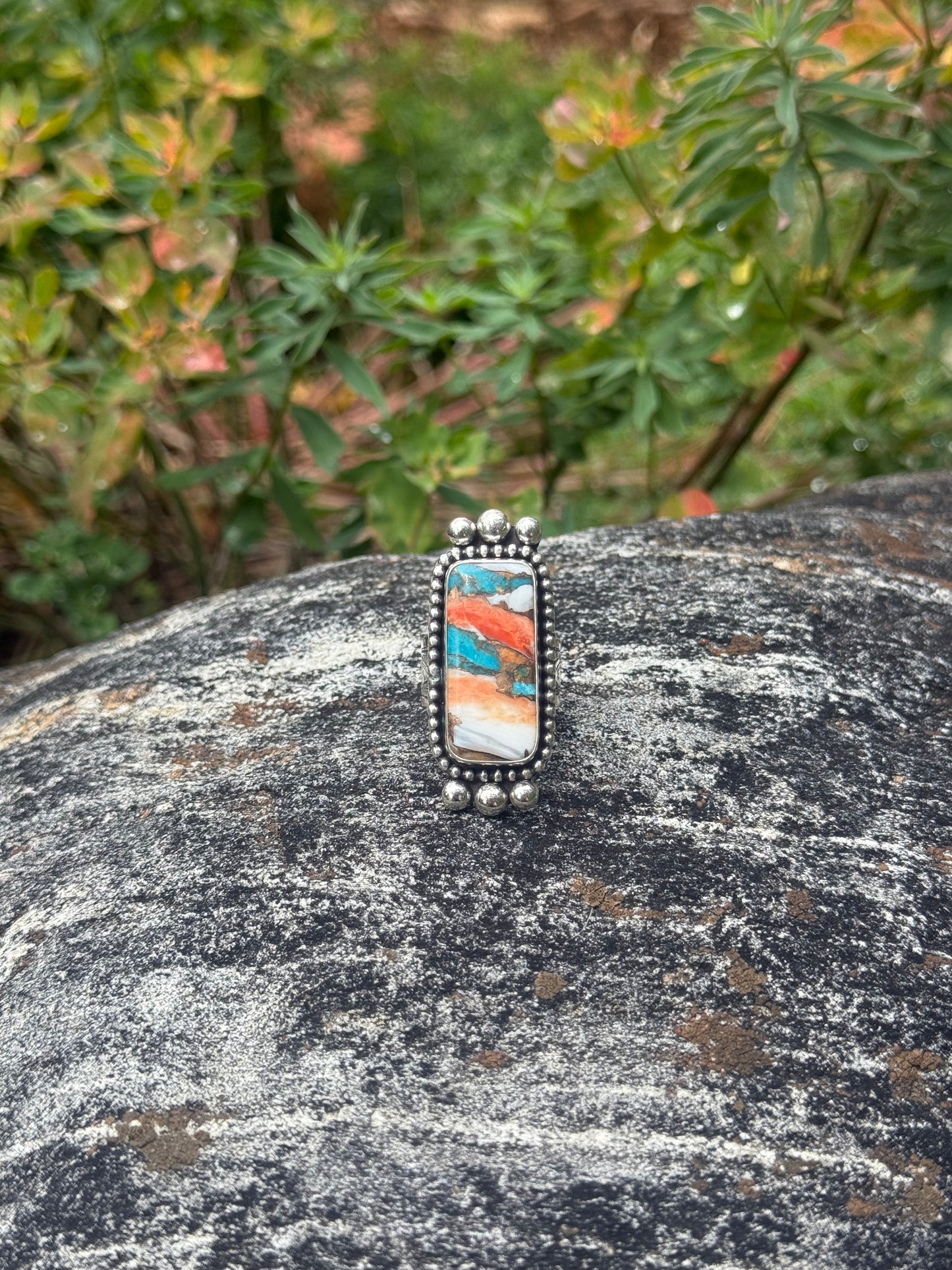 Sterling Silver, Turquoise & Spiny Oyster Engraved Ring