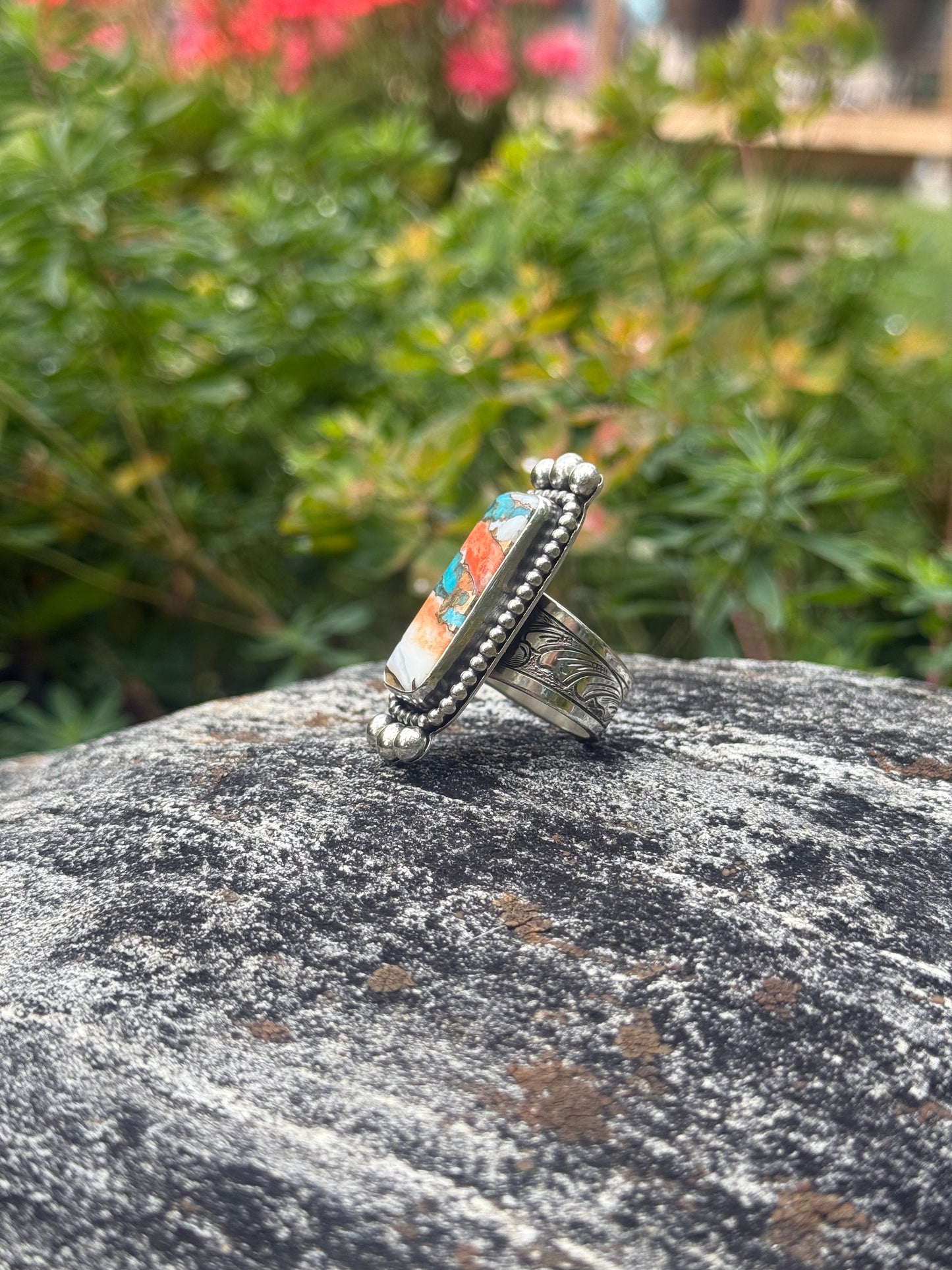 Sterling Silver, Turquoise & Spiny Oyster Engraved Ring