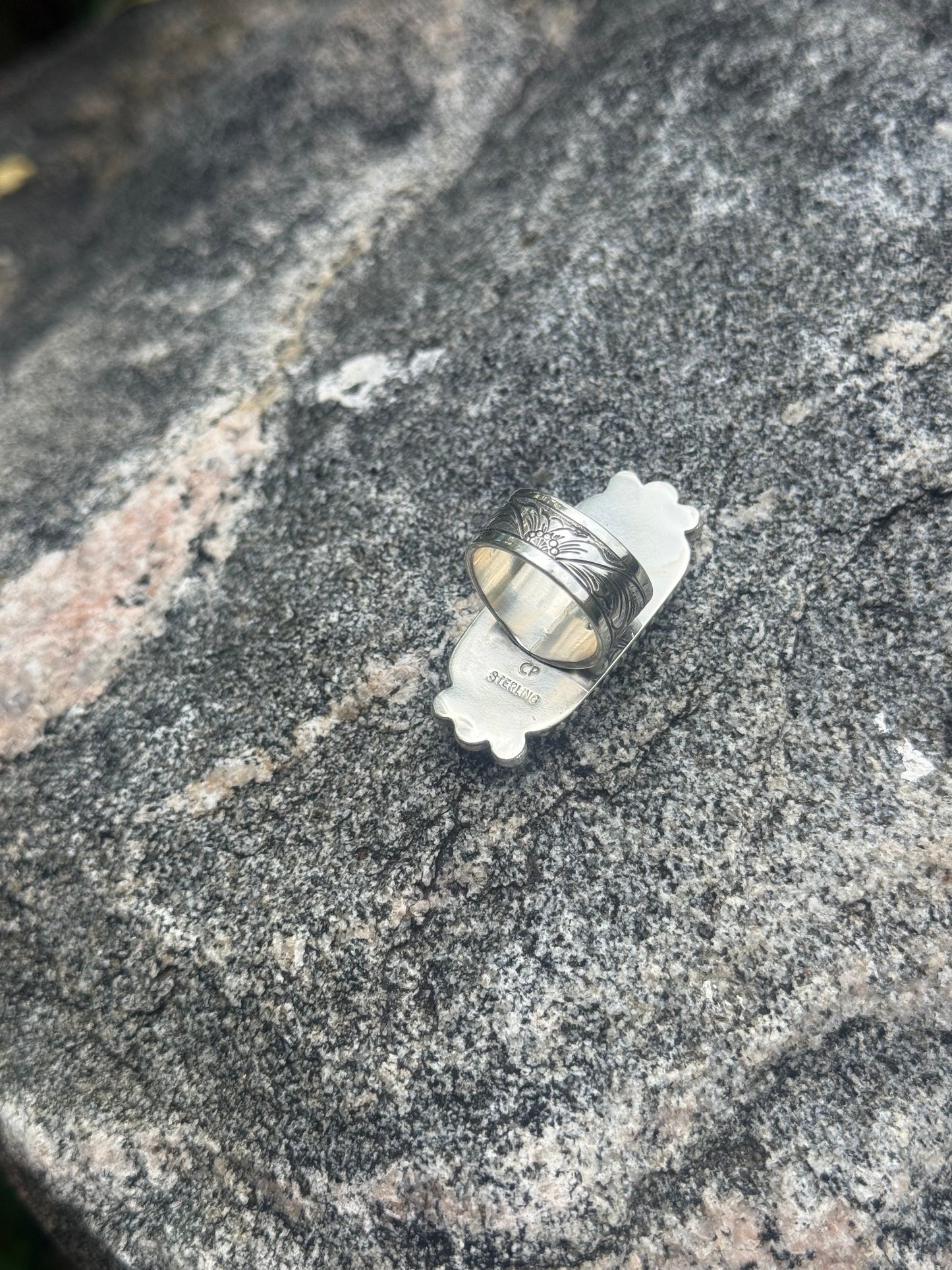 Sterling Silver, Turquoise & Spiny Oyster Engraved Ring