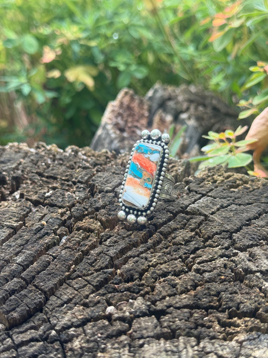 Sterling Silver, Turquoise & Spiny Oyster Engraved Ring