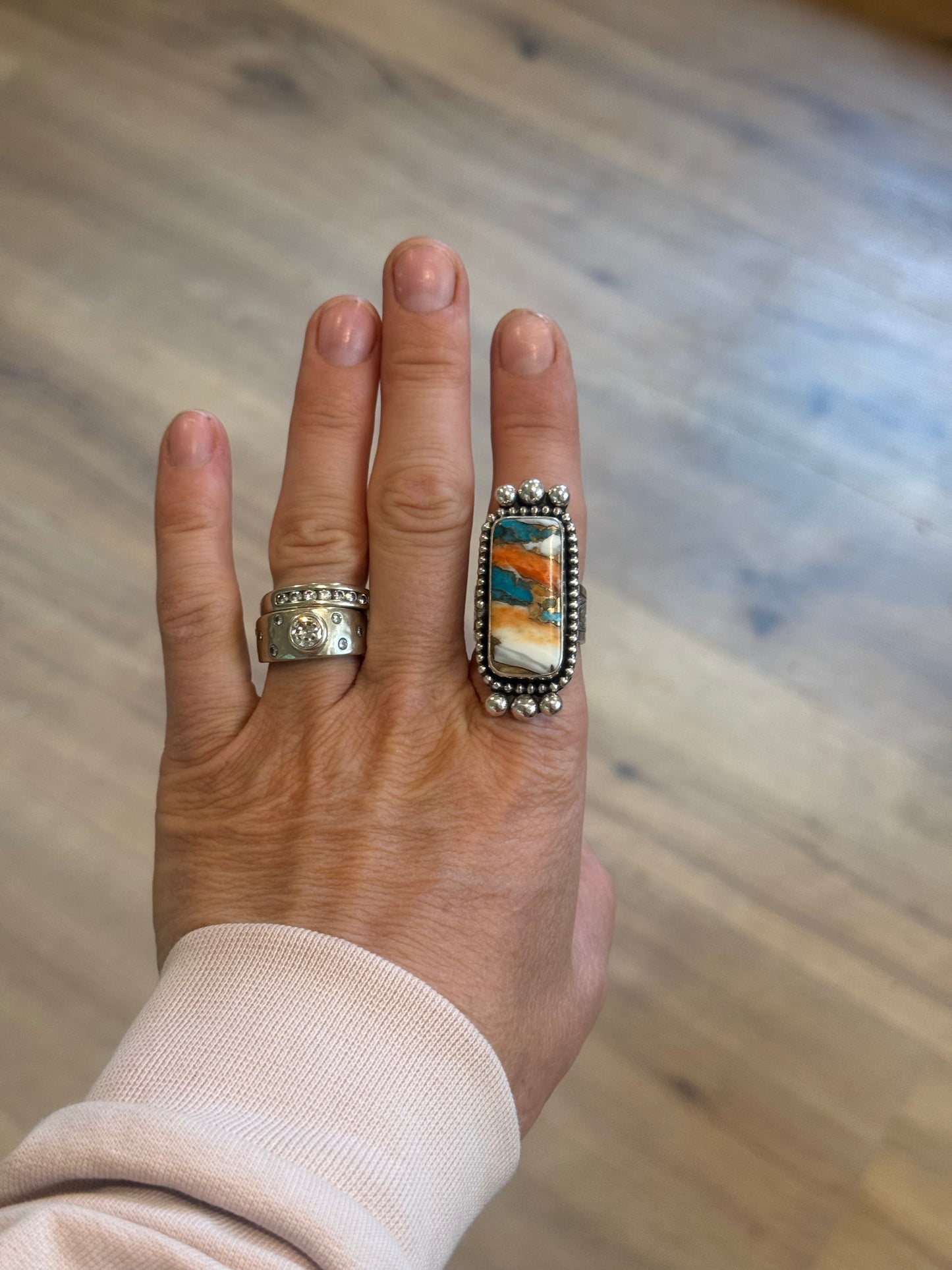 Sterling Silver, Turquoise & Spiny Oyster Engraved Ring