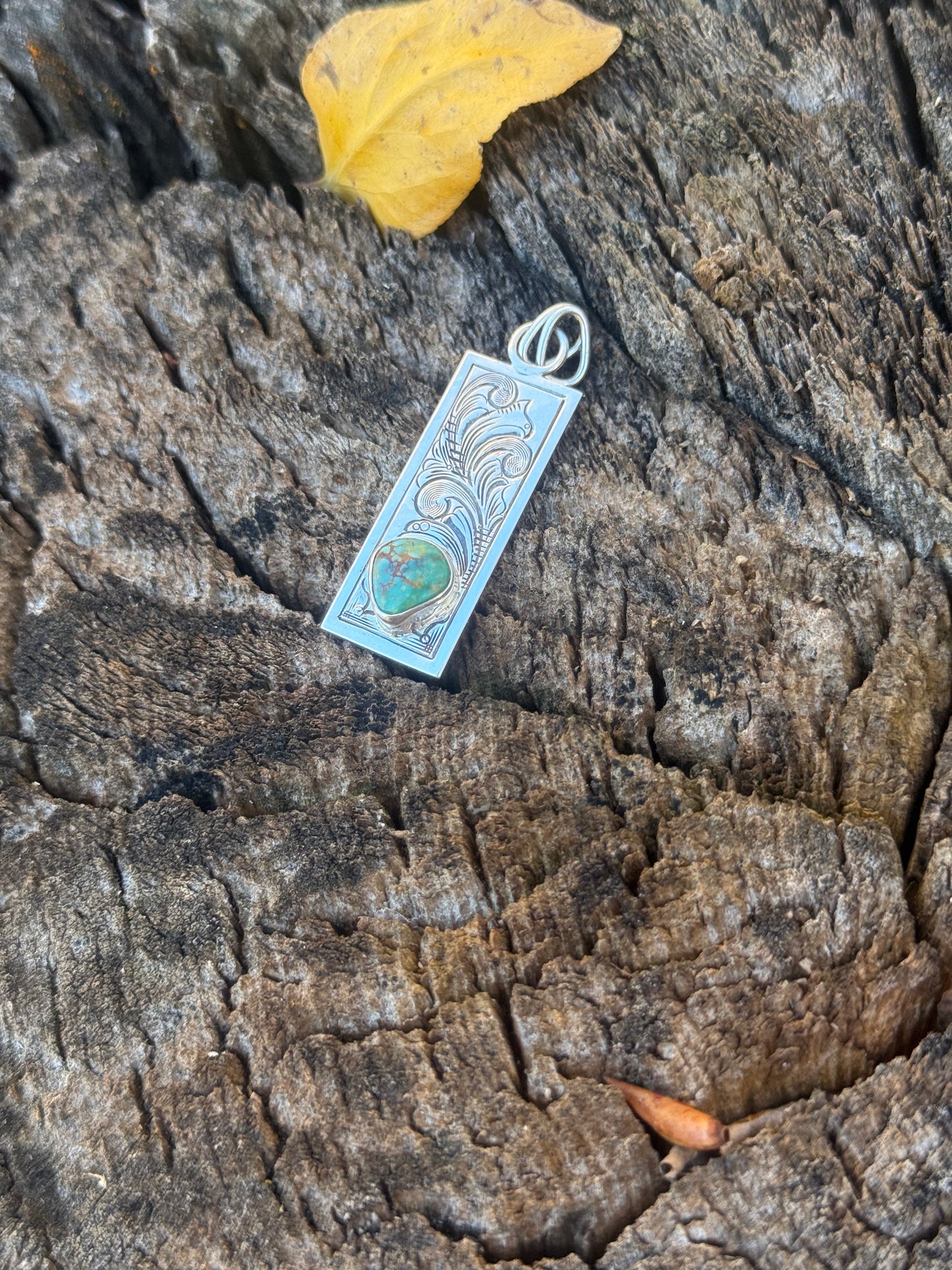 Engraved Sterling Silver & Turquoise Rectangular Pendants