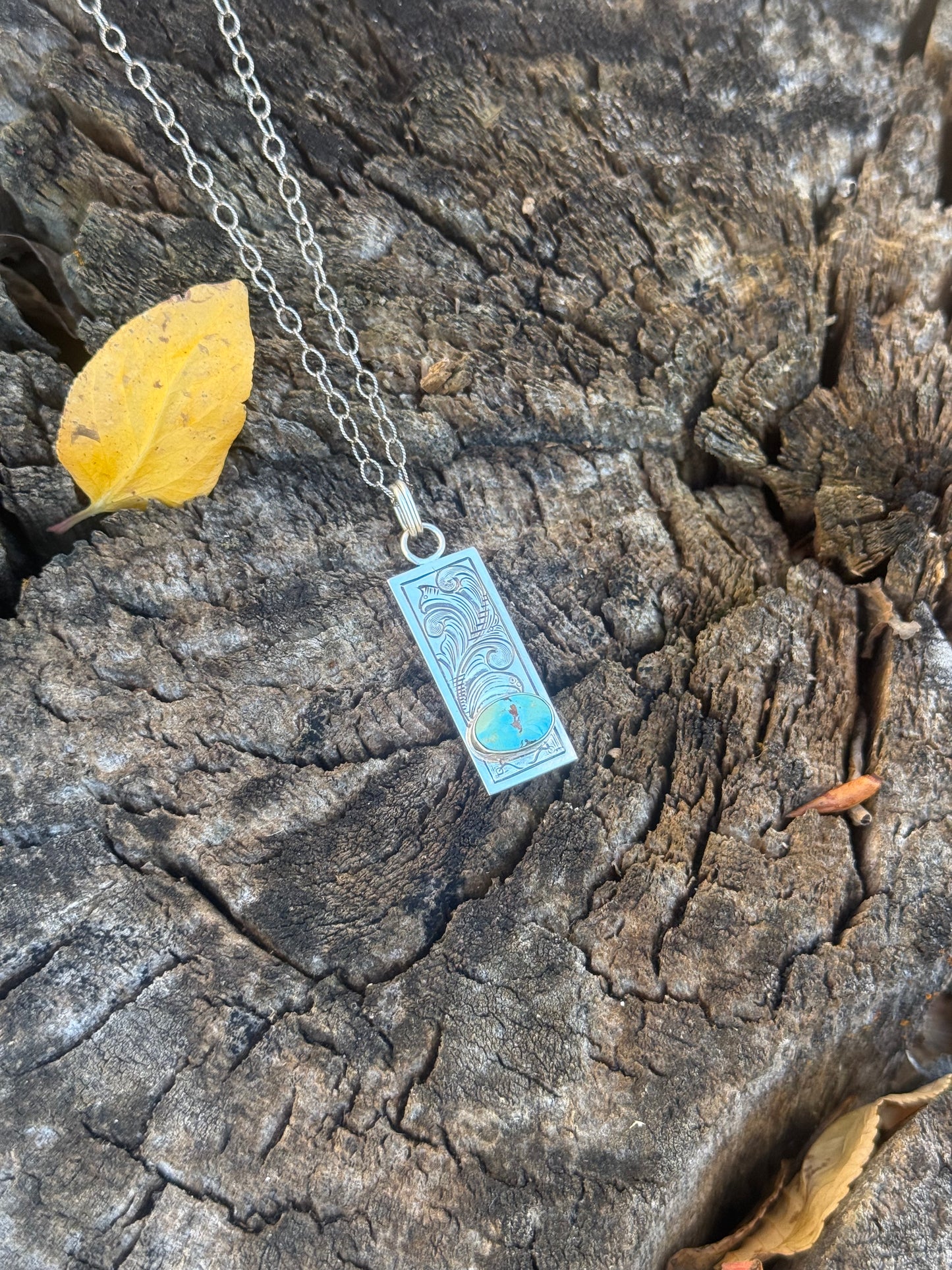 Engraved Sterling Silver & Turquoise Rectangular Pendants