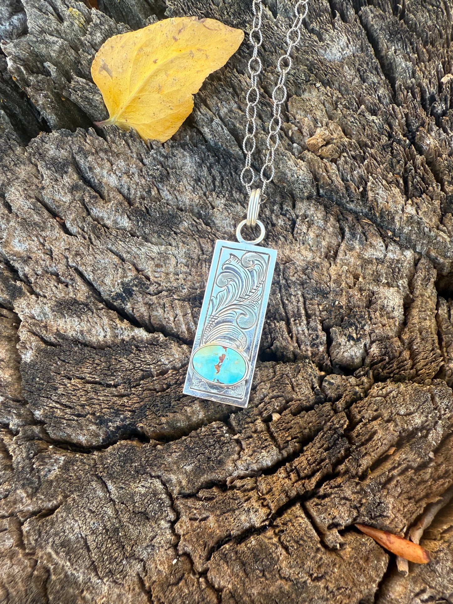 Engraved Sterling Silver & Turquoise Rectangular Pendants