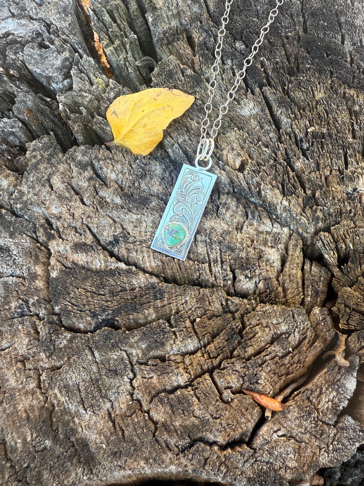 Engraved Sterling Silver & Turquoise Rectangular Pendants
