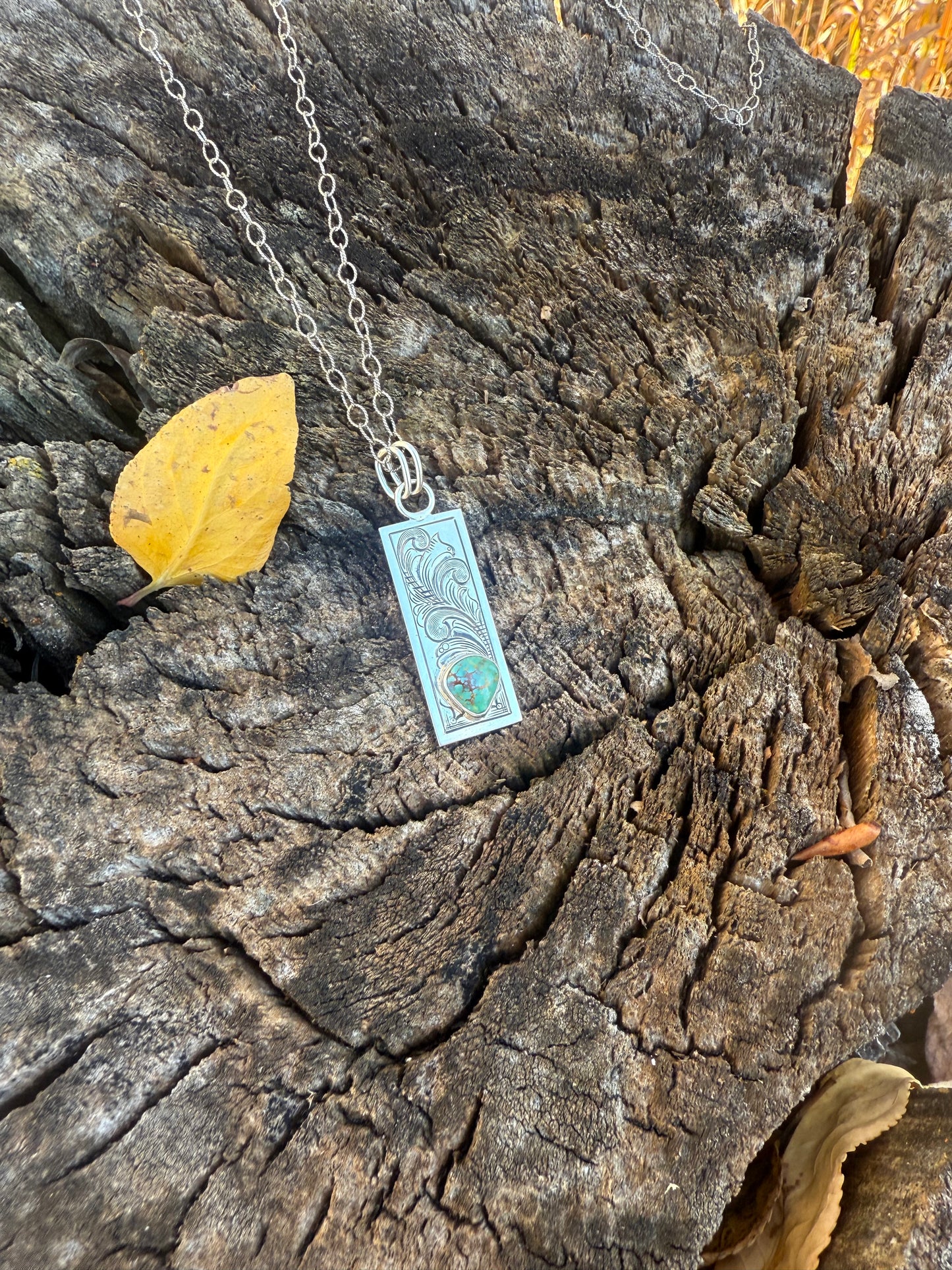 Engraved Sterling Silver & Turquoise Rectangular Pendants