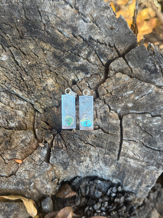 Engraved Sterling Silver & Turquoise Rectangular Pendants