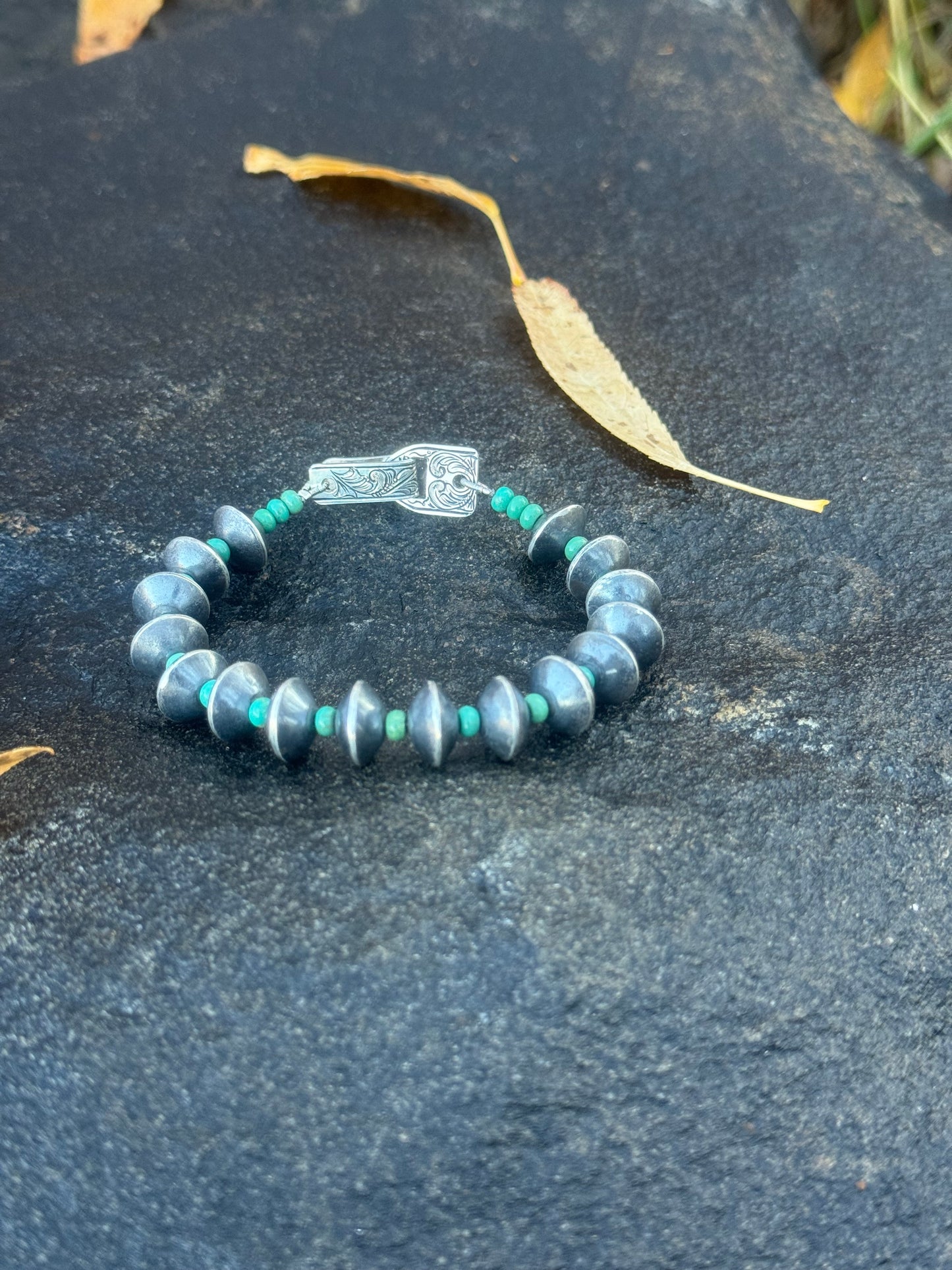 Handmade Silver Bead Bracelet with Turquoise & Engraved Clasp