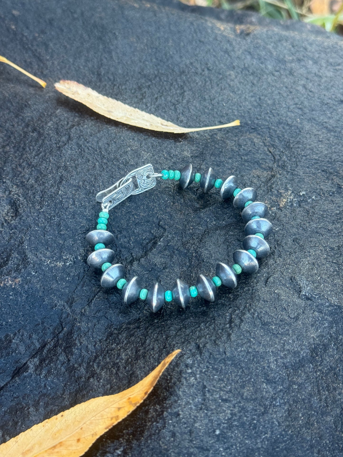 Handmade Silver Bead Bracelet with Turquoise & Engraved Clasp