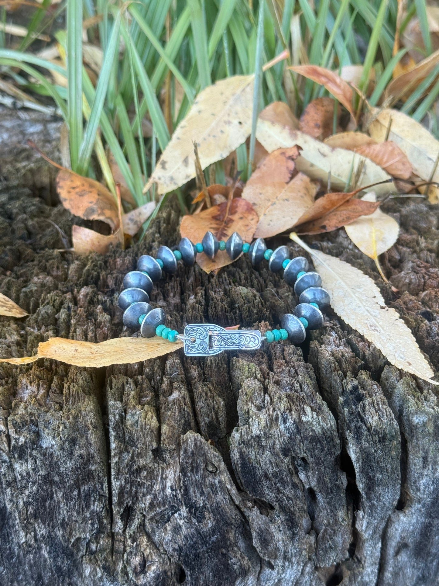 Handmade Silver Bead Bracelet with Turquoise & Engraved Clasp