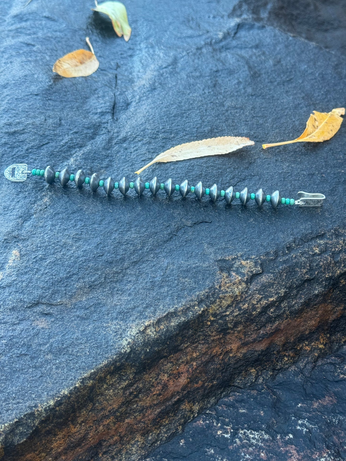Handmade Silver Bead Bracelet with Turquoise & Engraved Clasp